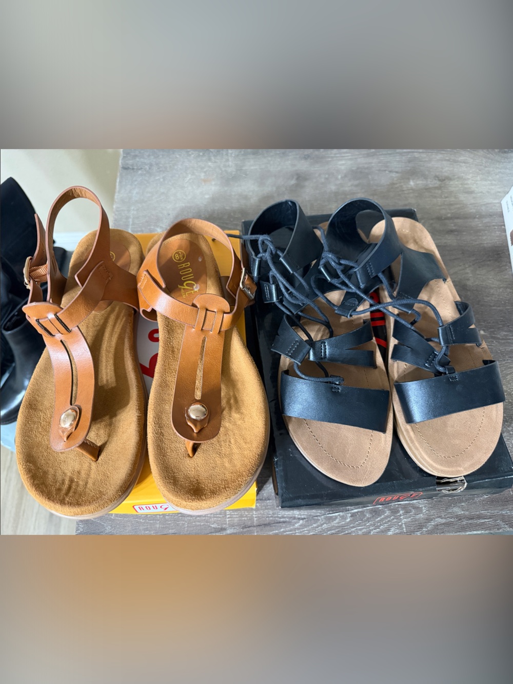 Rouge! Tan T-Strap Sandals and Black Lace-Up Sandals